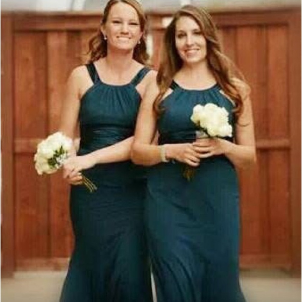 David's Bridal Blue Halter Sheath Maxi Dress